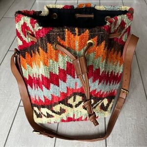 Urban Outfitters Carpet Bucket Bag Woven Leather Trim Southwest Boho Geometric